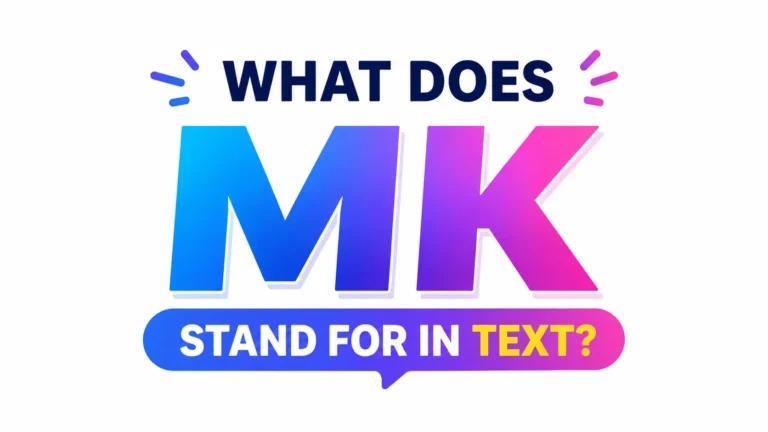 Modern minimalist digital banner with bold centered typography displaying the phrase “What Does MK Stand For In Text?” in vibrant blue, purple, and pink gradient colors on a clean white background.