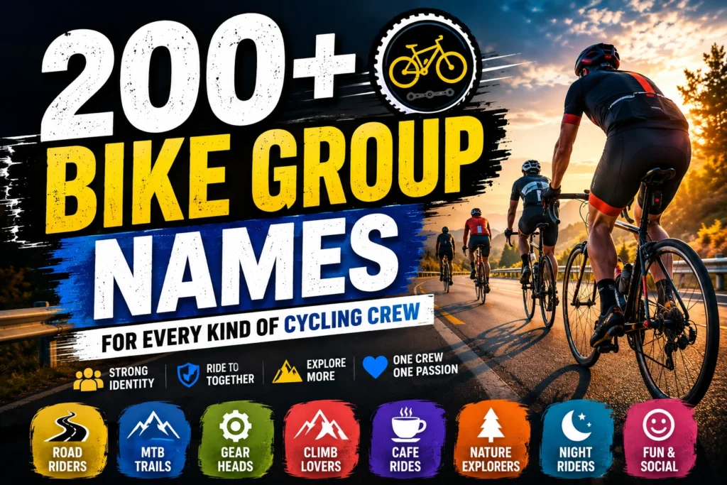Featured image for “200+ Bike Group Names” showing a group of cyclists riding on a scenic road at sunset, with a bicycle icon and colorful category labels for road riders, MTB trails, gear, climbs, café rides, nature, night rides, and social cycling.