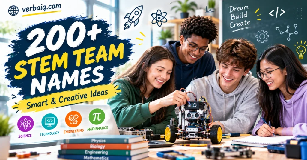 00+ STEM team names with students building a robot, surrounded by science, technology, engineering, and mathematics concepts,