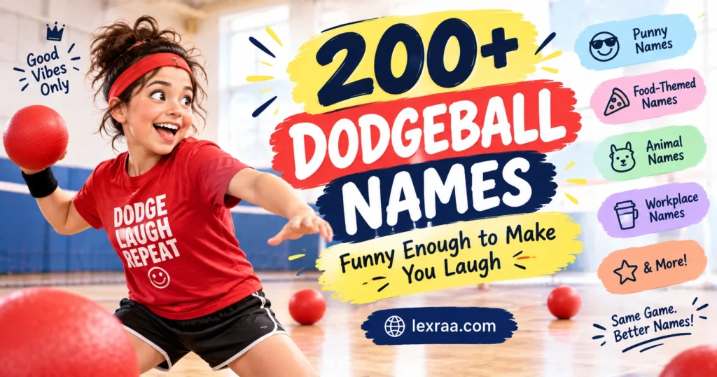 Colorful featured image showing a young dodgeball player holding a red ball, with bold “200+ Dodgeball Names” text and playful categories including punny, food-themed, animal, and workplace names.