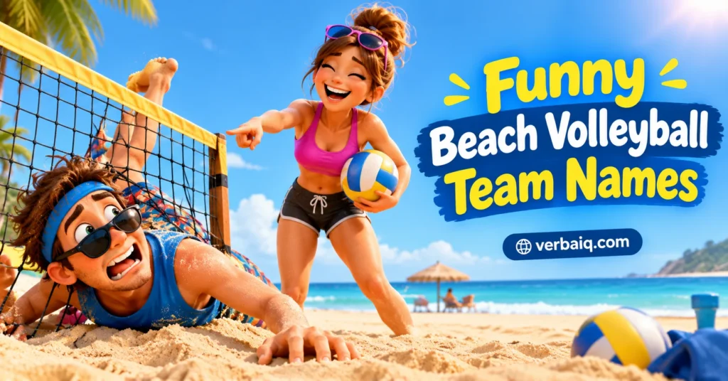Funny beach volleyball team names featured image showing playful 3D cartoon players on a sunny beach, with a volleyball net, ocean, and the text “Funny Beach Volleyball Team Names” and “verbaiq.com.”