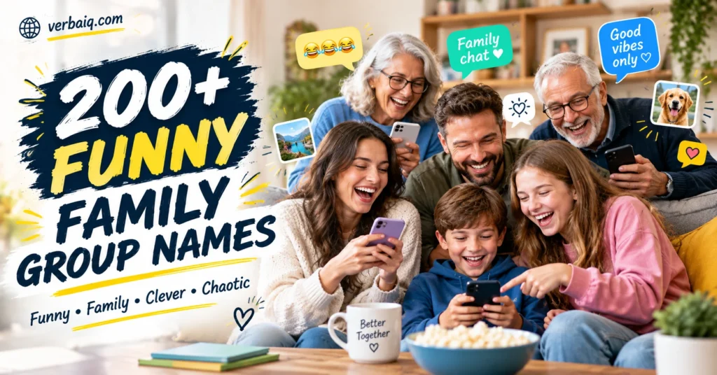 200+ funny family group names featuring a multigenerational family chatting on smartphones, with VerbAIQ branding.
