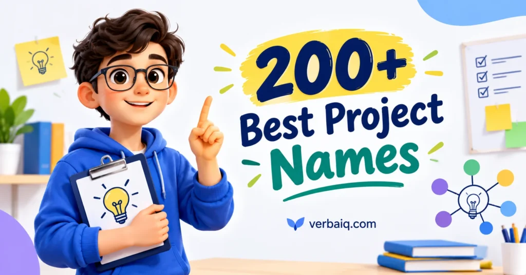 Featured image for “200+ Best Project Names” showing a cartoon character in a blue hoodie holding an idea-filled clipboard in a modern workspace, with brainstorming icons and VerBiaq.com branding.