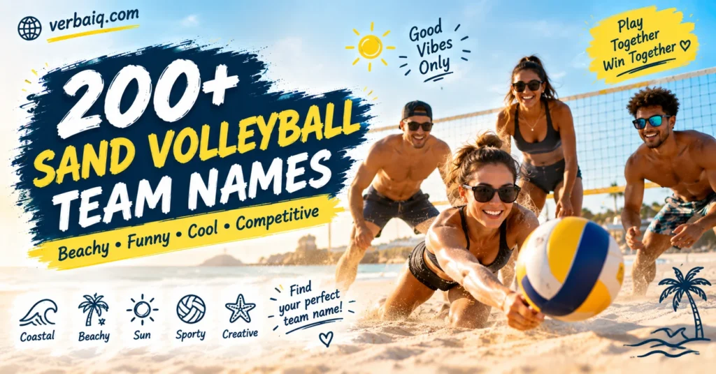 “200+ Sand Volleyball Team Names” showing a group of volleyball players competing on a sunny beach, with a volleyball in the foreground, beach-themed icons, bold title text,