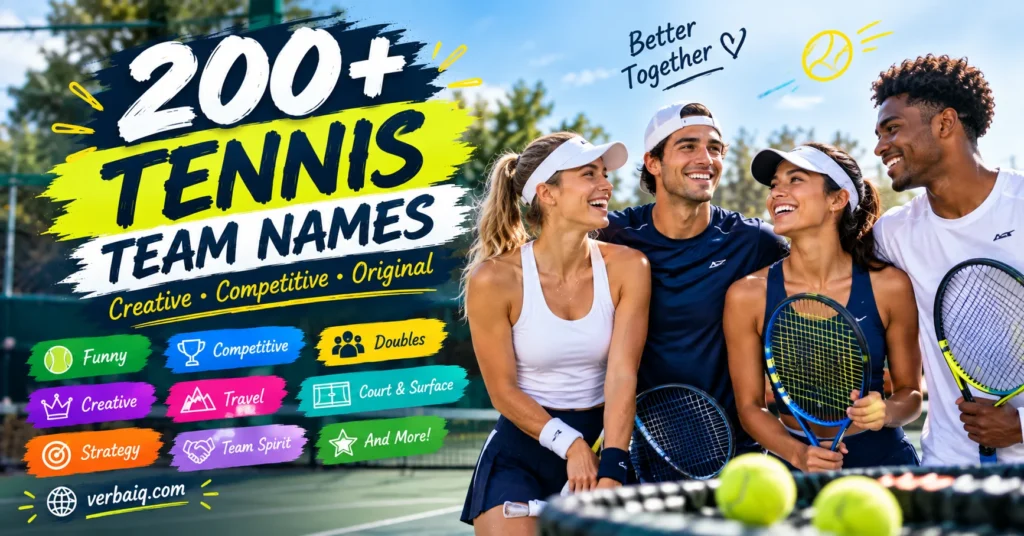 200+ tennis team names graphic featuring four tennis players on a sunny court with rackets, colorful category labels, and VerBiaq branding.