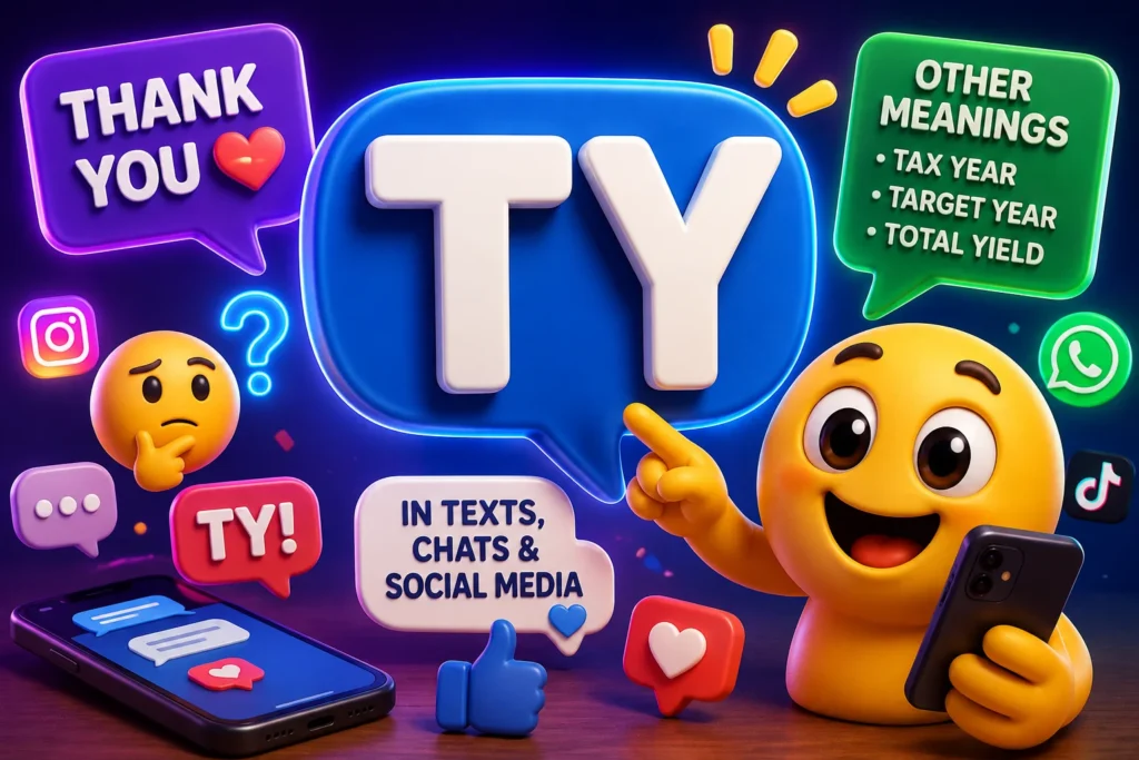 3D emoji character holding a smartphone beside a large "TY" chat bubble, illustrating the meaning of TY ("Thank You") in text messages, social media, and online chat, with colorful messaging icons and alternative meanings in the background.