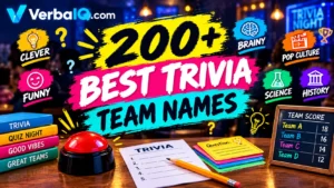 “200+ Best Trivia Team Names,” showing a colorful quiz-night scene with a trivia buzzer, quiz cards, scoreboard, books, and category labels for Clever, Funny, Brainy, Pop Culture, Science, and History, with VerbaIQ.com branding.
