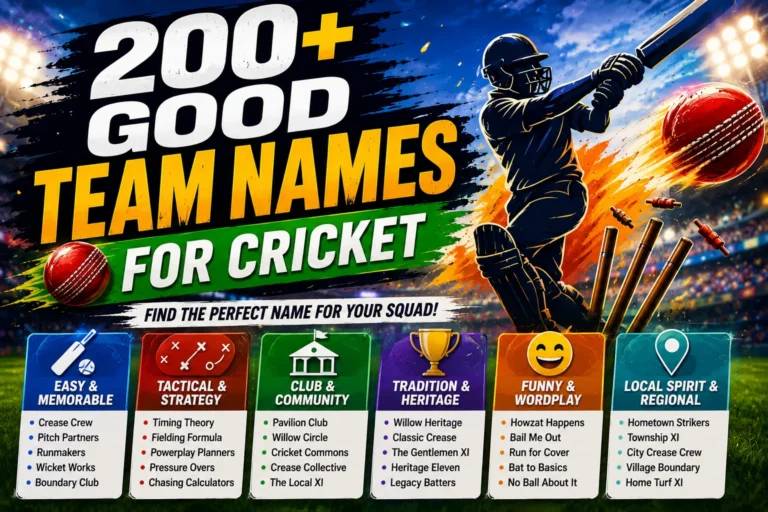 Colorful featured image for “200+ Good Team Names for Cricket,” showing a cricket batter in action, cricket balls and stumps, and categorized cricket team name ideas including easy, tactical, traditional, funny, and local-themed names.