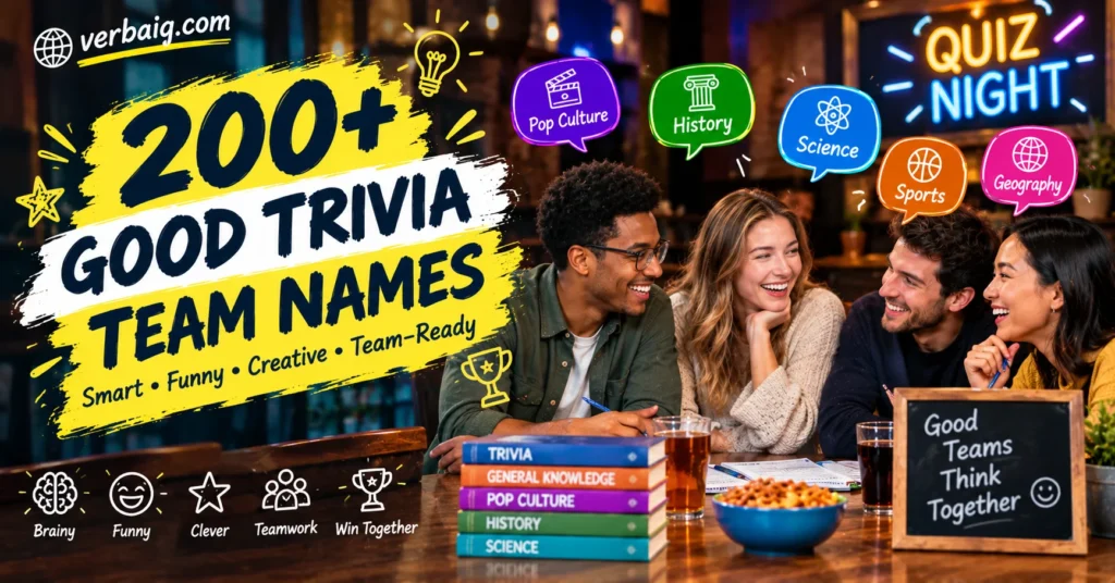 Good trivia team names featured image showing 200+ smart, funny, and creative trivia team names, with friends enjoying quiz night, colorful trivia category bubbles, and a lively pub atmosphere. Branded with Verbaig.com.