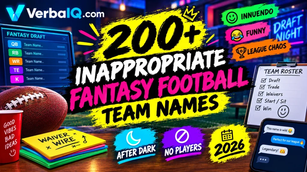 “Featured image for 200+ Inappropriate Fantasy Football Team Names, showing a colorful fantasy football draft scene with a football, roster board, chat bubbles, and labels for innuendo, funny, league chaos, after dark, no players, and 2026, with VerbaIQ.com branding.”