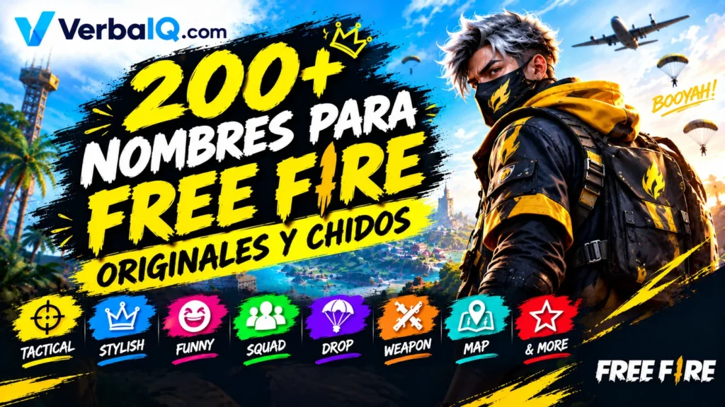 “200+ Nombres para Free Fire Originales y Chidos”, con un personaje de estilo gamer, un escenario de batalla de Free Fire, colores vibrantes y secciones de nombres tácticos, chidos, divertidos, para escuadra y más,