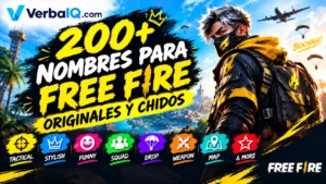 “200+ Nombres para Free Fire Originales y Chidos”, con un personaje de estilo gamer, un escenario de batalla de Free Fire, colores vibrantes y secciones de nombres tácticos, chidos, divertidos, para escuadra y más,