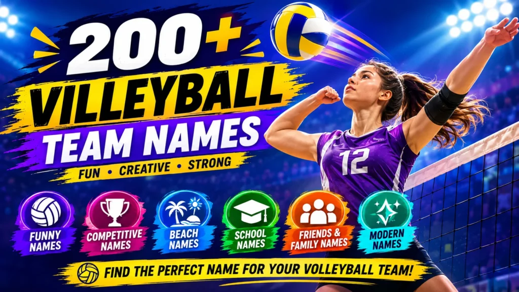Volleyball Team Names featured image with a volleyball player jumping to spike a ball over the net on a colorful indoor court.